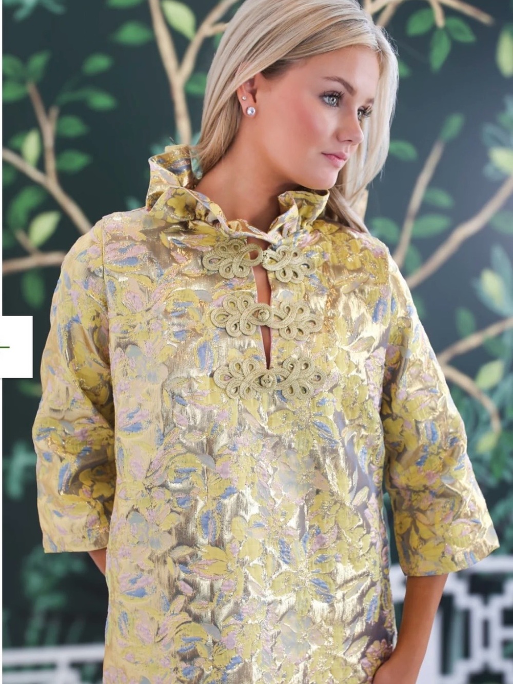 Gold Brocade Mandarin Collar Women’s Dress by House of MBR